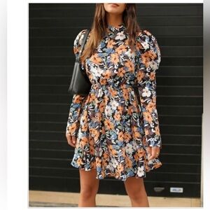 Shein Floral Puff-Sleeve Mini Dress - Orange Blue Cream Brown Green  Size 4